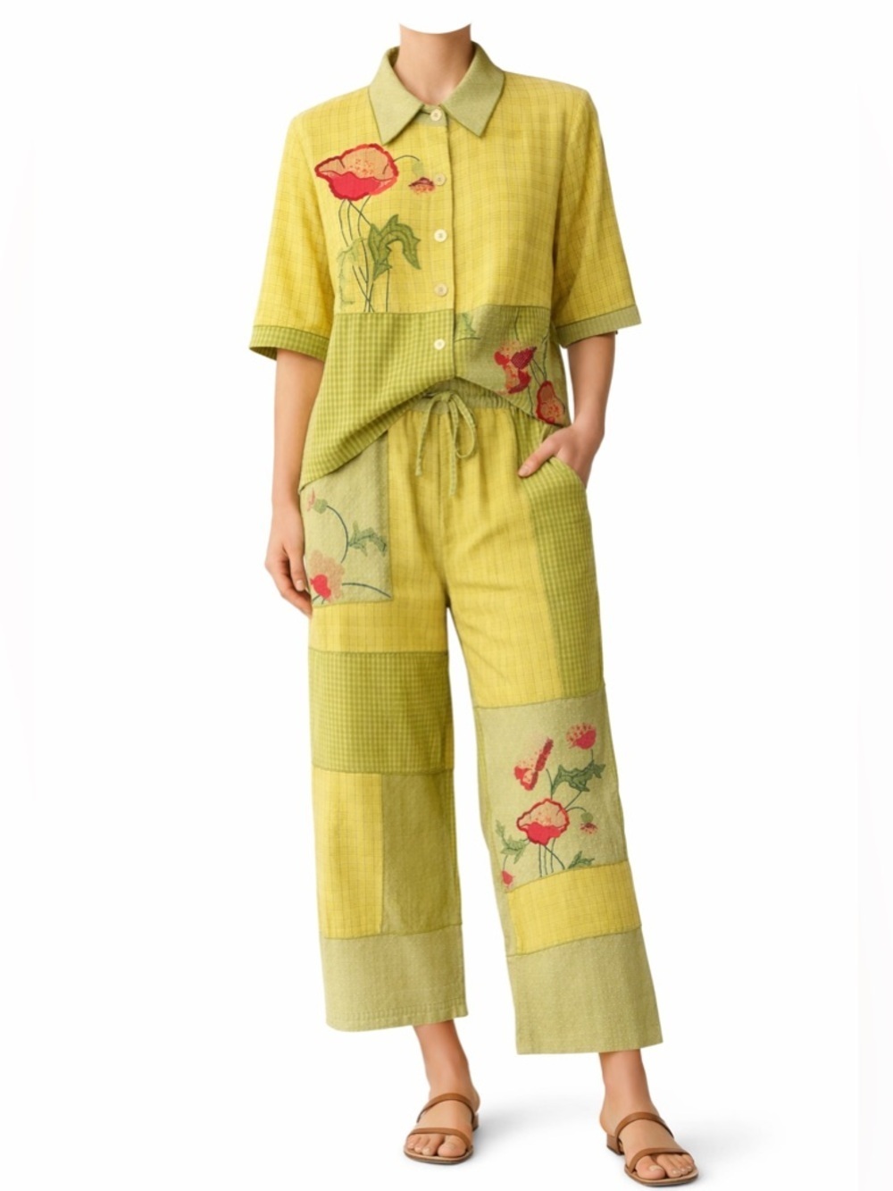 Faith Patchwork Floral 2-Piece Set Cottagecore Embroidered Top & Pants M